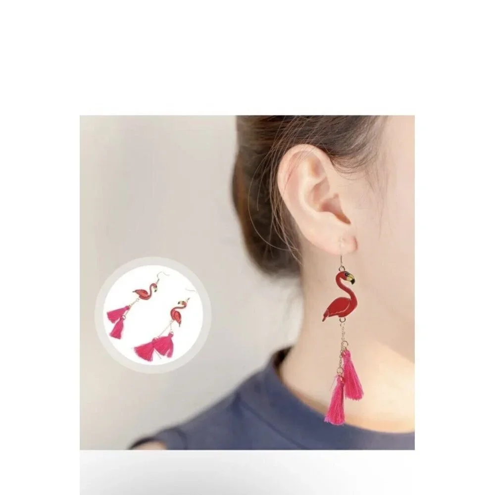 Pink Gold Enamel Flamingo Dangle Fashion Earrings